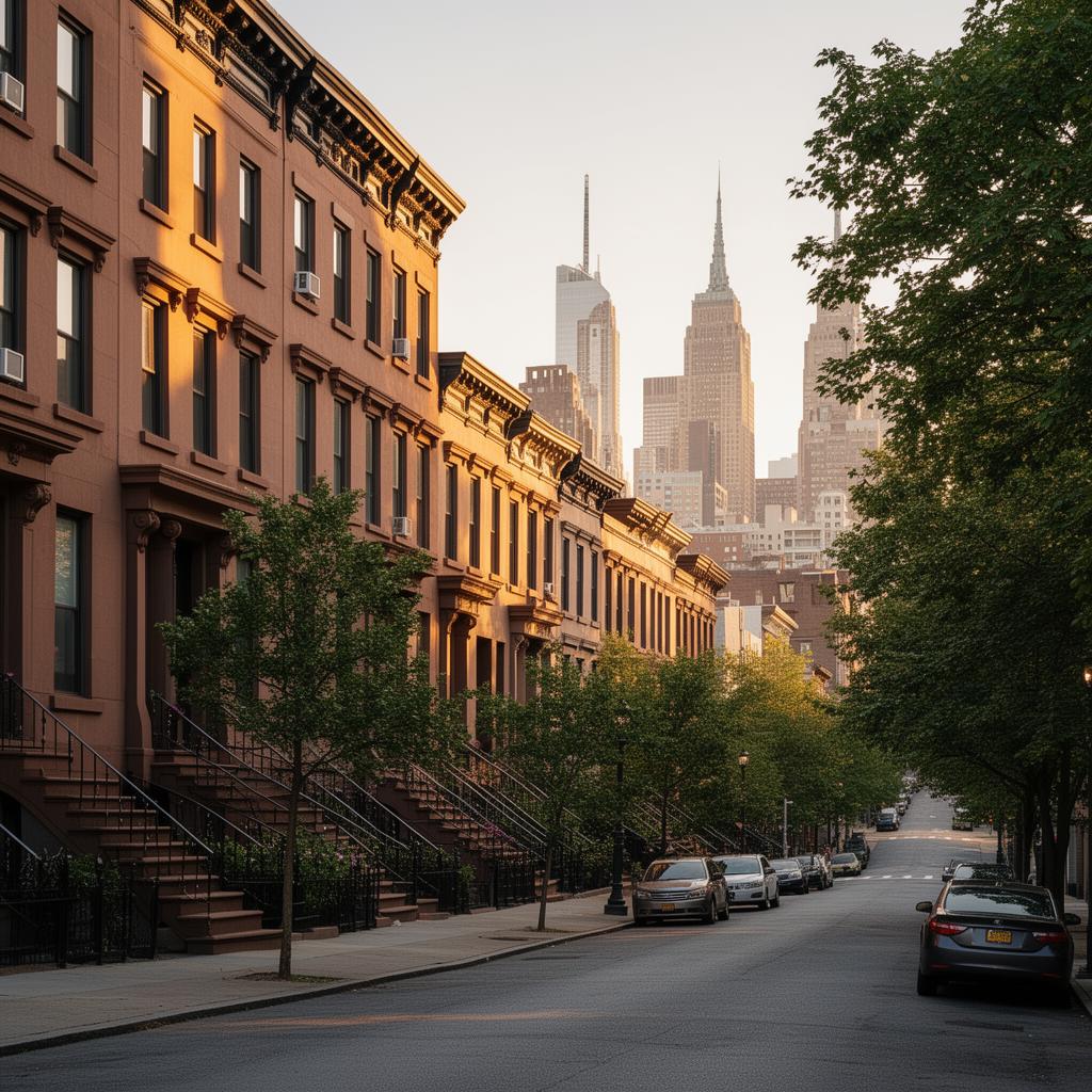 Hudson County brownstone street with Jersey City skyline